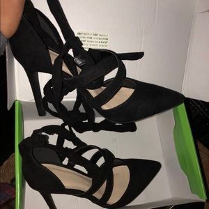 Black suede wrap heels